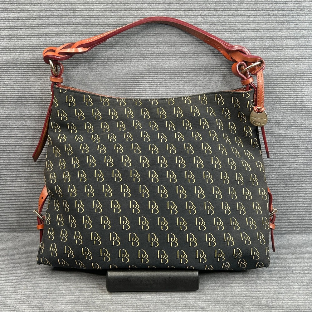 Dooney & Bourke Monogram Hobo Bag Black Gold Canvas Leather Trim Vintage Style